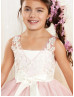 V Neck Ivory Lace Dusty Rose Tulle Wedding Flower Girl Dress